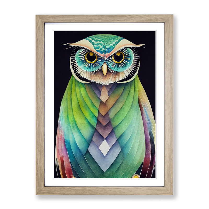 XV1022-5167X Watercolour Owl No.2 Abstract - Single Picture Frame Painting, 64cm H x 46cm W x 2cm D, Oak