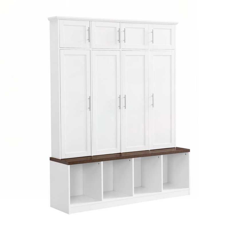 Hall Tree with 4 Hanging Hooks, Wood Grain Bench with Multiple Storage Space, White
