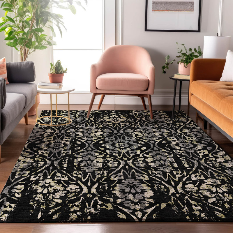 Premium Machine Washable Prisco Black Rug, Rectangle 3' x 5'