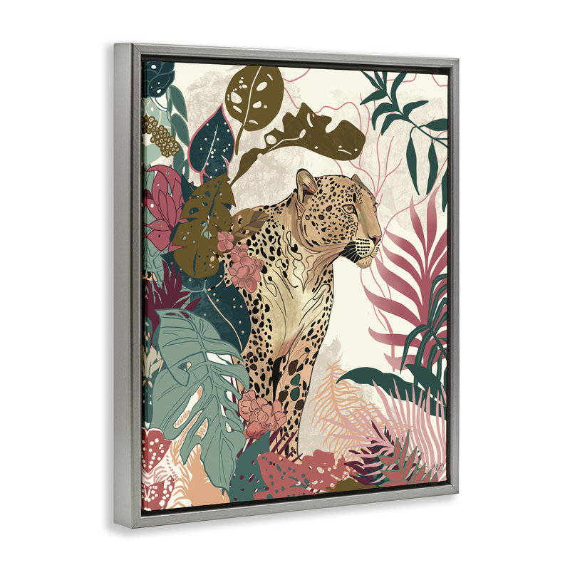 «Cheetah Tropical Leaf», art mural sur toile par Fab Funky, H 31 po x l 25 po, Cadre flottant gris lustré