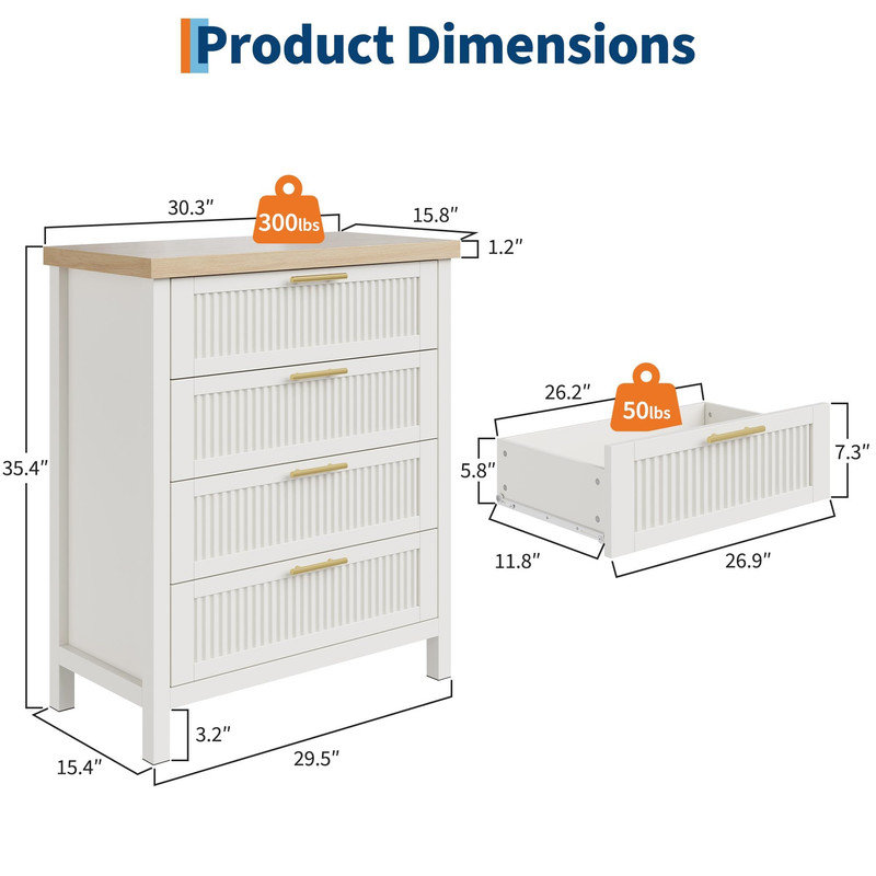 35.4-Inch Tall Fluted 4-Drawer Cabinet in White & Wood Tone - Engineered Wood Storage with Deep Drawers for Bedroom, Living Room, Closet or Hallway
