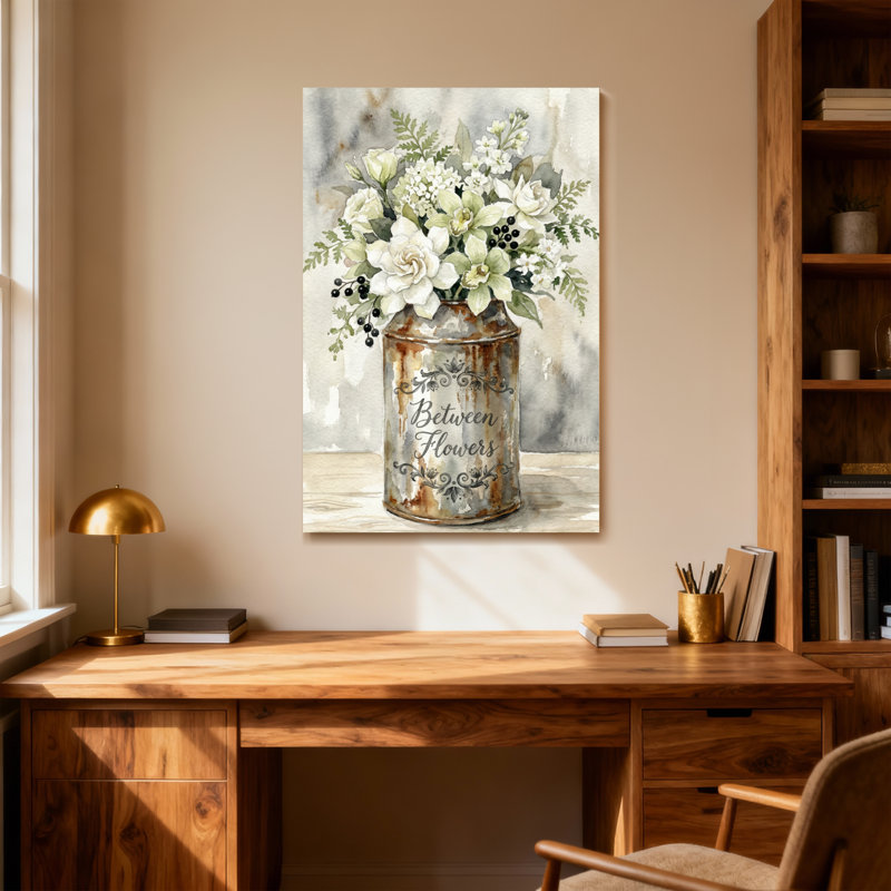 Arrangement floral plantes et fleurs dans un vase rustique avec texte, H 16 po x l 24 po