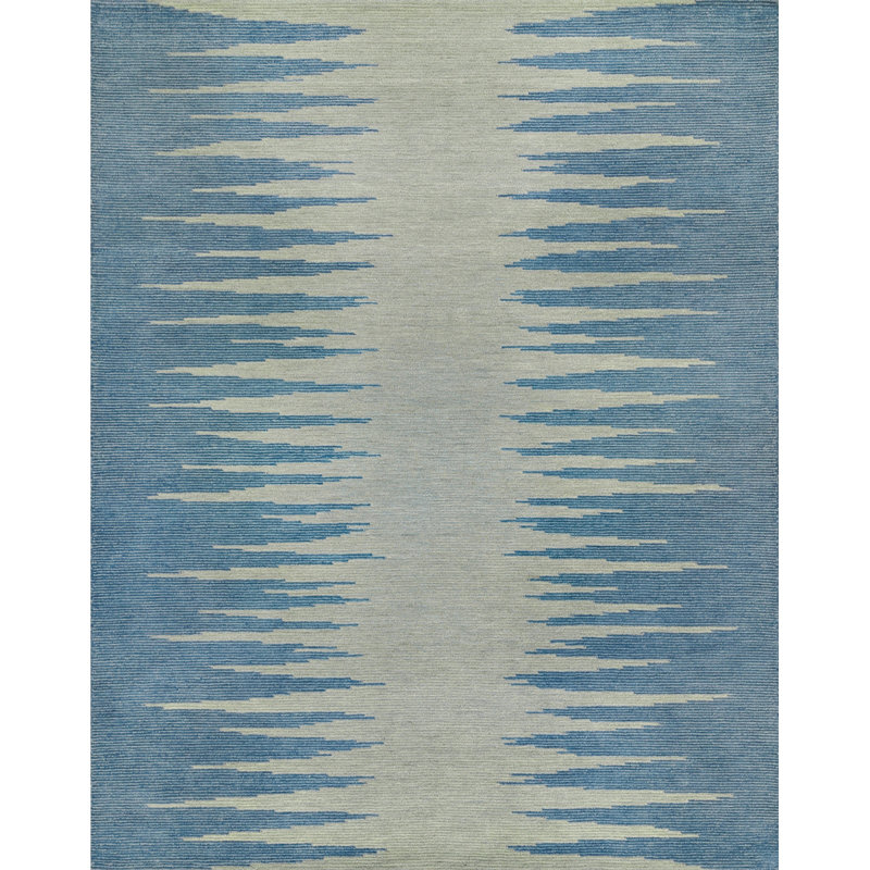 Abrash Ikat Hand-Tufted Wool Area Rug Cut/Loop Pile, Indigo, 7'6" x 9'6"