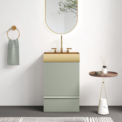 Meuble-lavabo moderne sur pied de 51 cm (20 po) avec lavabo monobloc en or brossé, E1, tiroir à fermeture amortie, option de fixation murale, embout en métal
