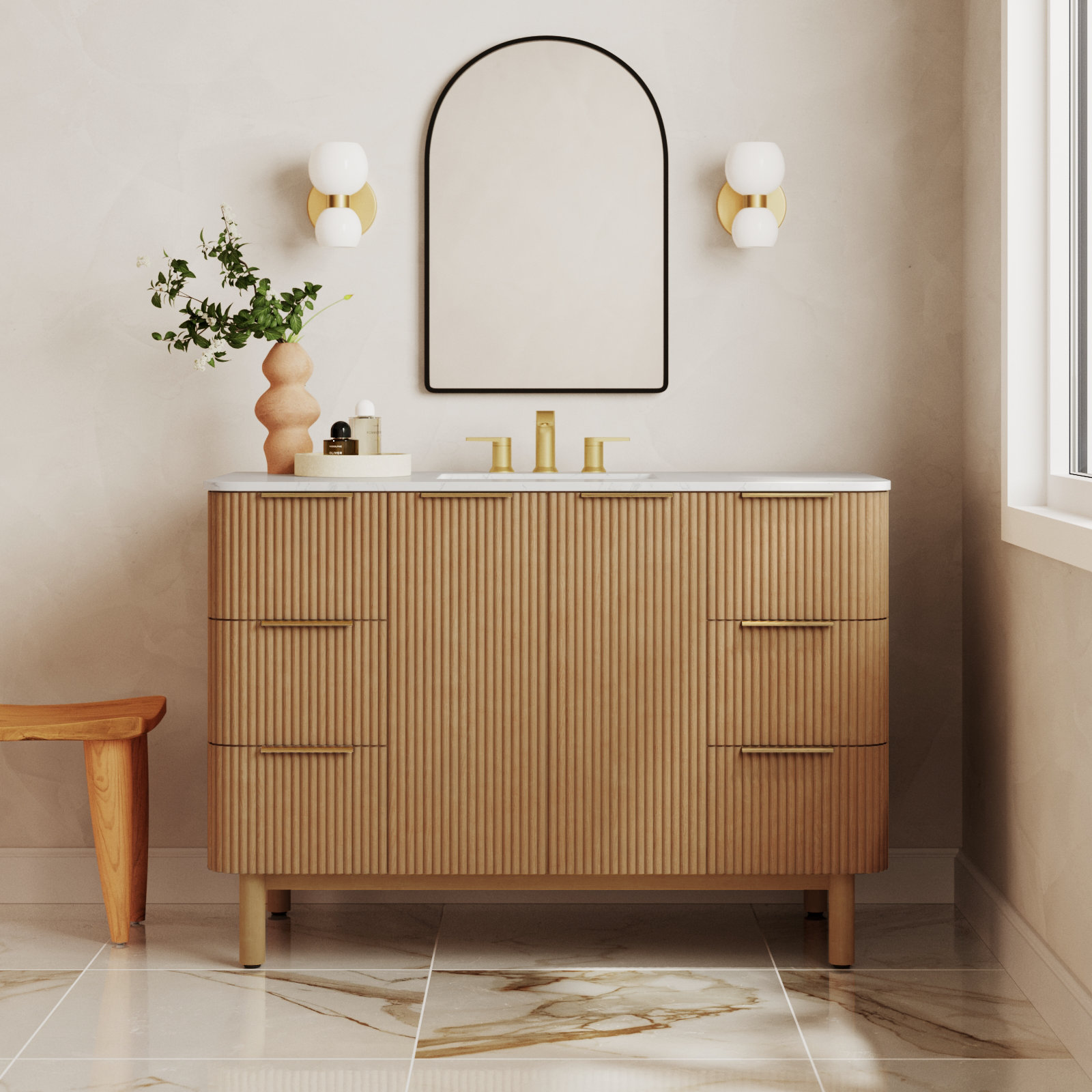 Nova 48" Carrara Marble Single Bathroom Vanity, Reeded Birch