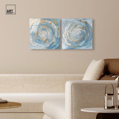 Ensemble de décoration murale « Gold Flux Duet » en impression acrylique bleu et sauge par Art Remedy, prêt à  accrocher, 12 x 12