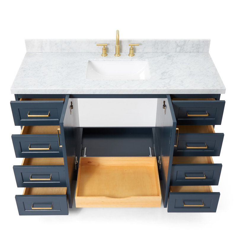Meuble-lavabo simple en bois massif de 55 po de couleur bleu nuit avec plateau en marbre de Carrare de 1,5 po Freitas, évier central rectangulaire