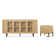 2-Piece Modern Minimalist Bedside Table And Nightstand Set, Oak Colour, Rounded Top With Slatted Door Design, Reed Pattern With Built-In Charger Outlet
