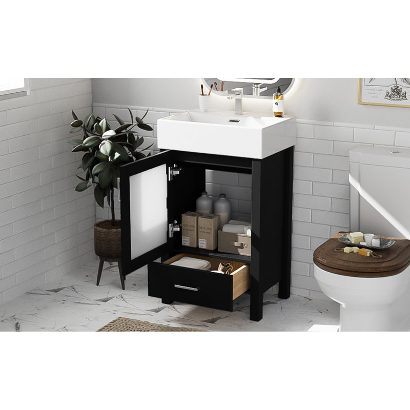 Meuble-lavabo de 20 pouces avec lavabo en céramique et beaucoup de rangement - idéal pour les petites salles de bain, Noir