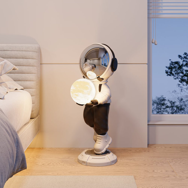 Figurine 28,8 po de sculpture d'astronaute moderne avec lampe DEL lune brillante, lumière ambiante rechargeable avec contrôle de robinet USB, base lune robuste, décor pour le bureau de la chambre à coucher, cadeau pour les amoureux de l'espace, sans assemblage requis, résine PVC
