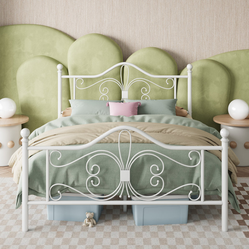 Anterrio Metal Open-Frame Bed with Butterfly Pattern Design Headboard and Footboard, Queen, White