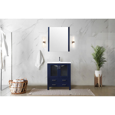 Bleu marine, 30 po Largeur, meuble-lavabo, comptoir de lavabo en céramique blanche, robinet à levier unique, 28 lavabos carrés à miroir à fixation murale, trou, miroir rectangulaire