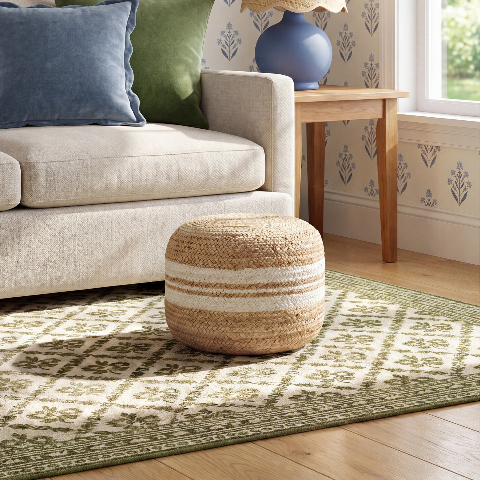 Bennison Upholstered Ottoman, White Jute