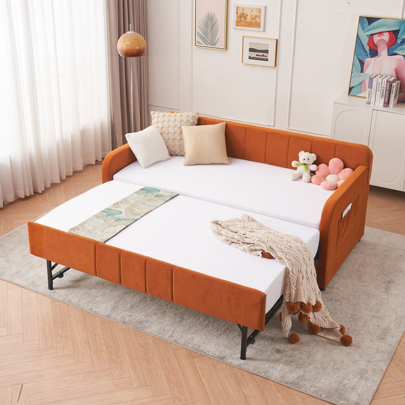 Velvet Upholstered Daybed Frame with Trundle for Bedroom Living Room Guest Room, Orange