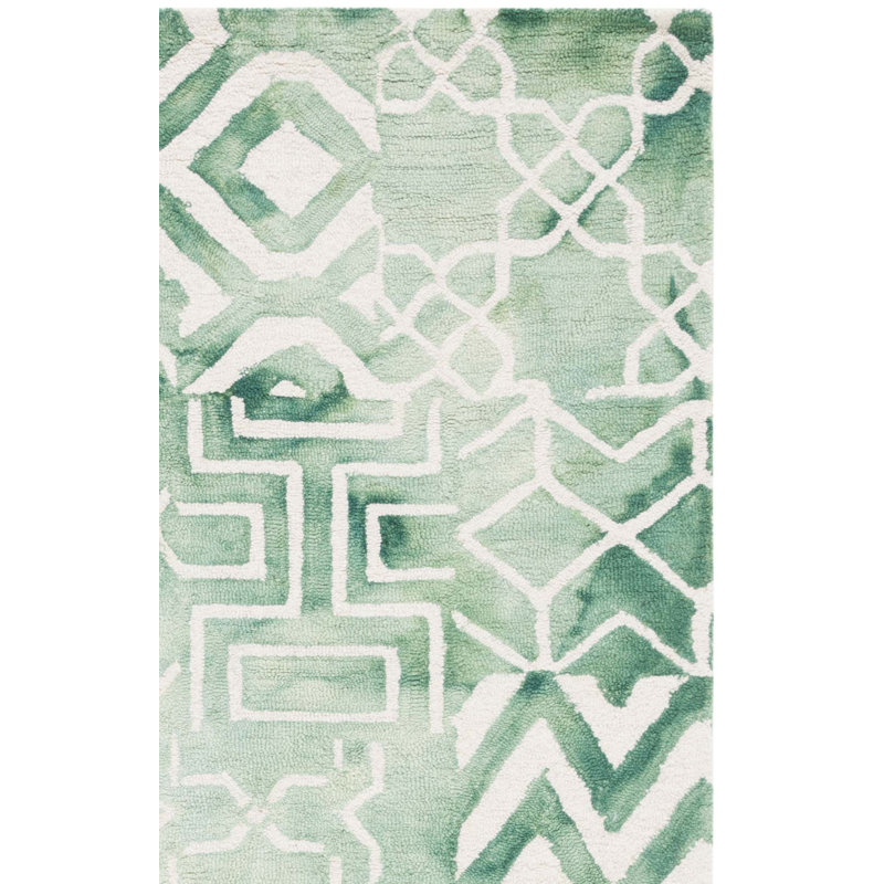 Hallette Hand Tufted Wool/Cotton Geometric Rug in Green, Rectangle 2' x 3'