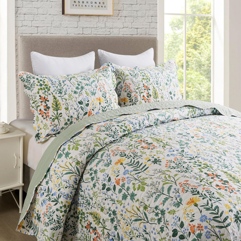 3-Piece Quilt Set Quilted Bedspread Lightweight Coverlet Set Garden Style Floral Printed Oversized Quilted Bedding Set With Shams For All Season, Exquisite, Queen Size