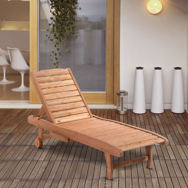 Slat design wood frame outdoor chaise lounge chair with wheels and pull out table tray