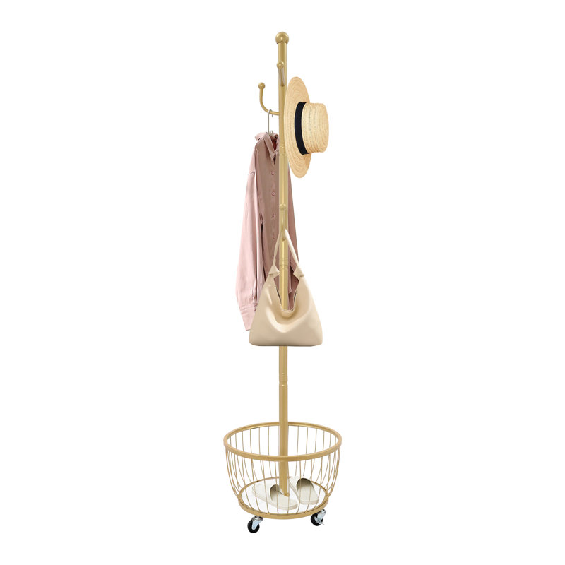 Polemoine Standing Coat Rack with Storage Basket and Mobile Wheel, Gold