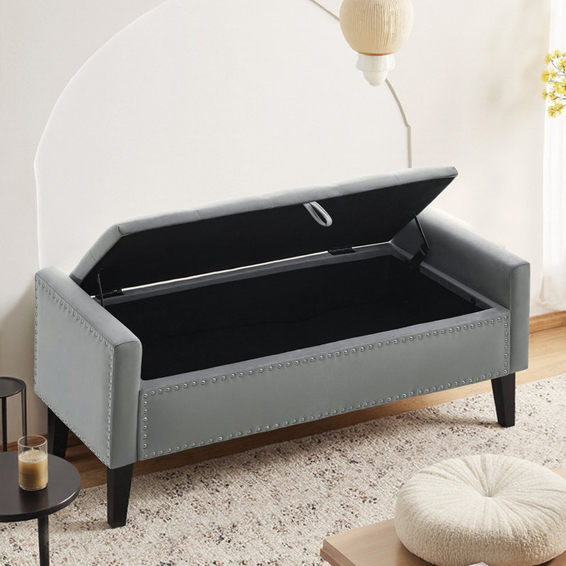 47" W Velvet Upholstered Flip Top Storage Bench, Dark Gray