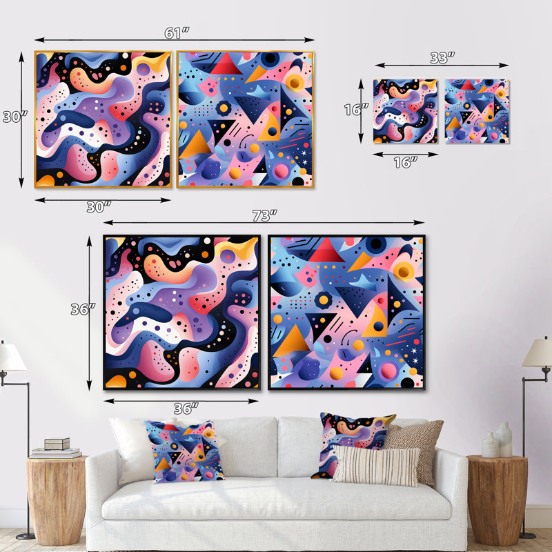 Multicolor Funky Cool Geometric Lines Pattern - Abstract Shapes Square Collage Set Of 2, Black Floater Framed, 16" H x 33" W