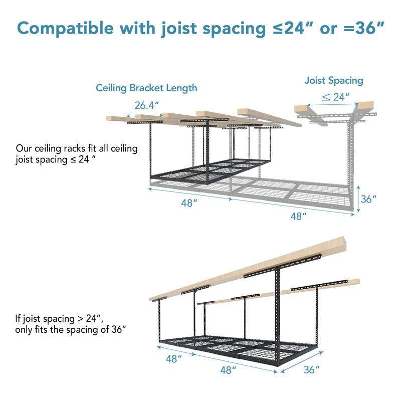 Noell Overhead Garage Ceiling Mounted Rack,  40" H x 36" W x 96" D, Black