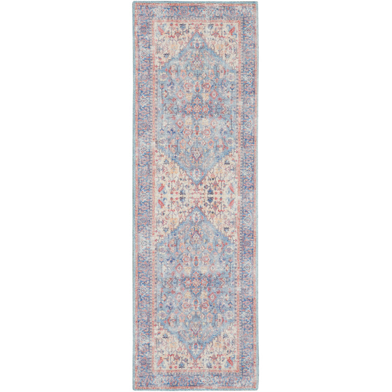 Machine Washable Oriental Blue/Red Area Rug, Runner 2'2" x 10'