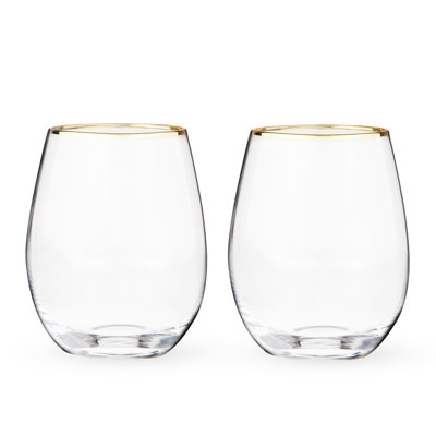 Twine Gilded Wine Glasses, Gold Rimmed Clear Wine Glass Set, Stemless Wine Glasses, Set Of 2, 18 Ounces