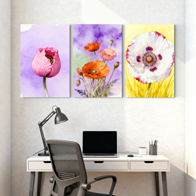 Fleurs de coquelicot, impression sur toile, ensemble de 3 reproductions d'art sur toile, H 18 po x l 36 po