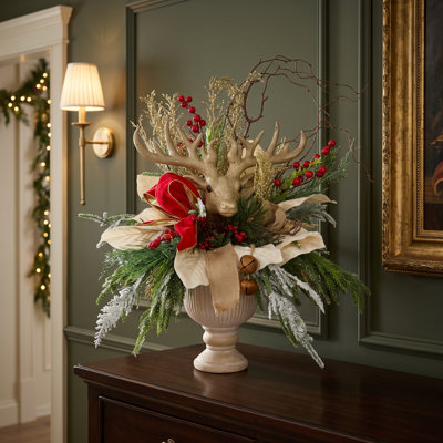 Reindeer Holiday Centerpiece with Bows and Berries
