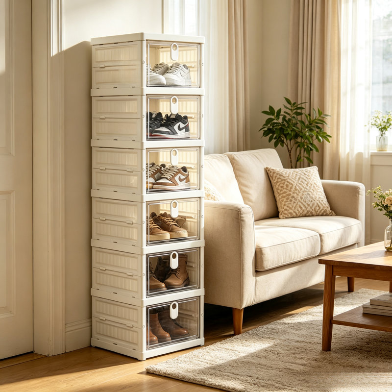 Meuble à chaussures pliable à 6 niveaux, organisateur de chaussures en plastique transparent avec porte avant, boîte de rangement à chaussures empilable pour entrée, placard