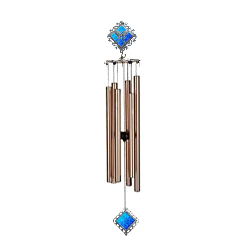 Carillon éolien - papillon vitrail 36 po - verre bleu sarcelle - tube, Sarcelle / Doré