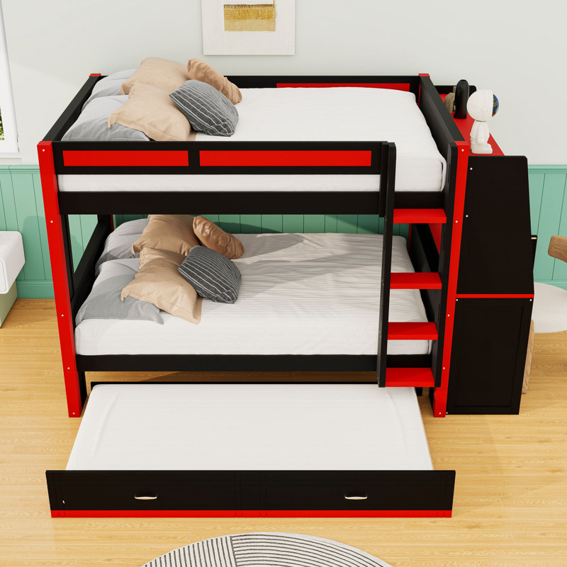 Lit superposé double en bois sur 2 tiroirs avec bureau et tablettes, Noir / Rouge