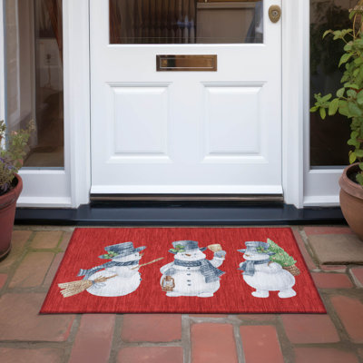 Machine Washable Indoor/Outdoor Christmas Snowman Xhevrie Red Rug