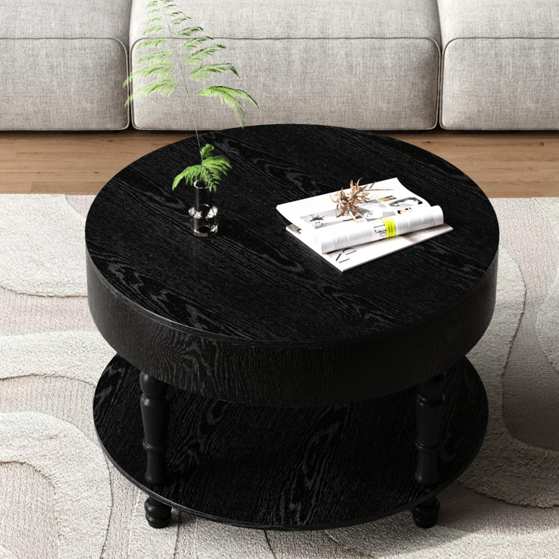 Table basse ronde de 31,5 po avec rangement rabattable, tablette inférieure ouverte pour les pièces décoratives, assemblage facile, patins réglables, finition laquée 10 minutes