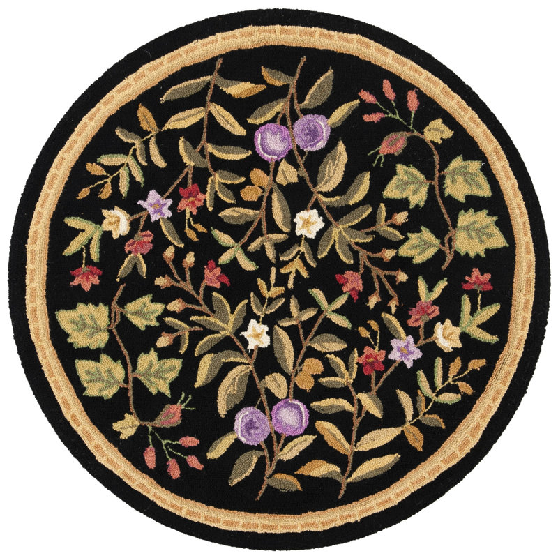 Kinchen Hand Hooked Wool Pile Floral Rug, Round 4'
