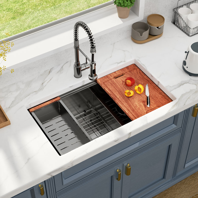 33" L x 19" W Undermount Double Bowl 60/40 Kitchen Sink Workstation 16 Gauge Stainless Steel Sink, Gun Metal Black