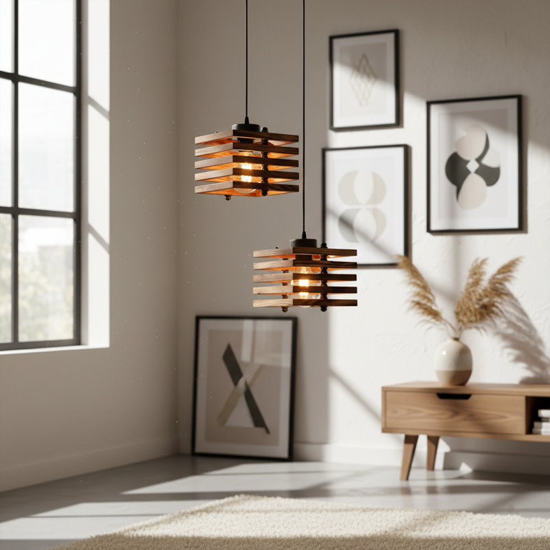 Luminaire suspendu géométrique en bois à 2 lumières Ellison, Chêne