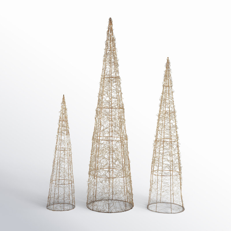 Set Of 3 LED Twinkle Lighted Copper Mesh Cone Trees Outdoor Christmas Decoration 39.5"