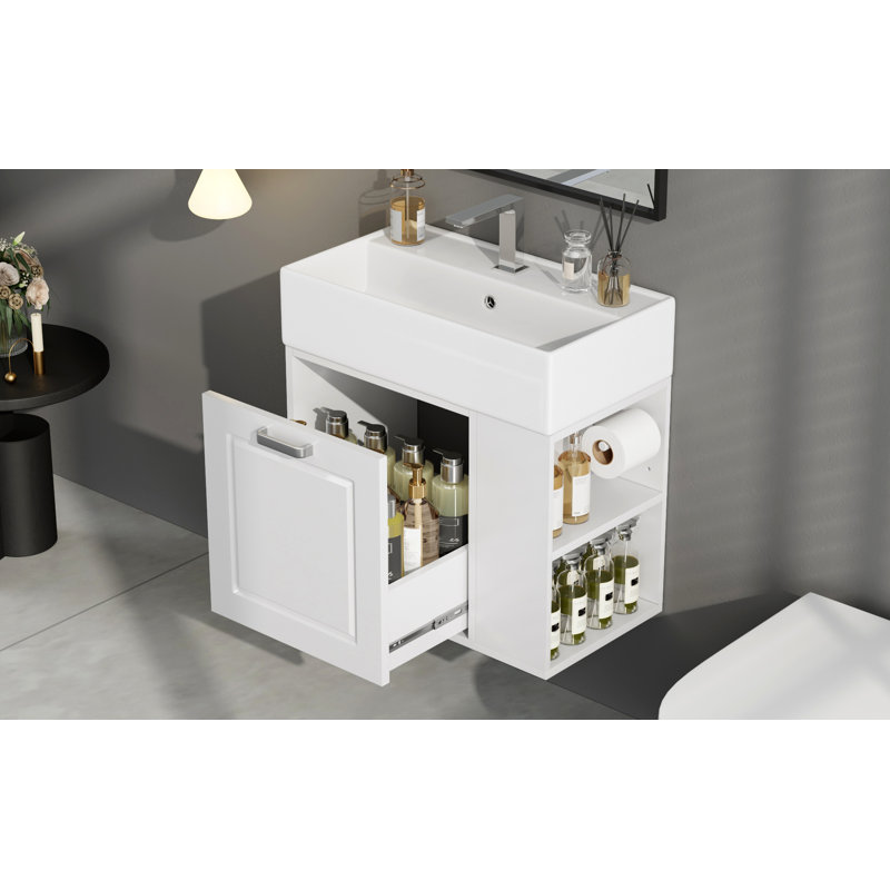 Meuble-lavabo de 21,8 po avec lavabo, armoire flottante murale, grand tiroir, tablette réglable, porte-papier hygiénique, système de fermeture en douceur
