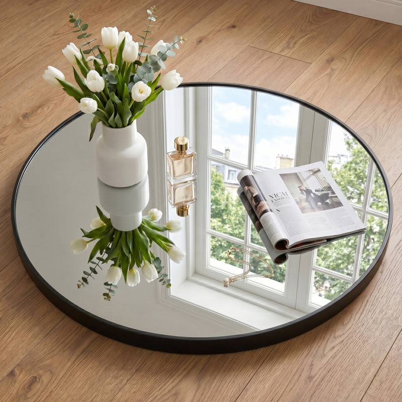 Round Metal Framed Wall Mirror, Black, 35.4" x 35.4"