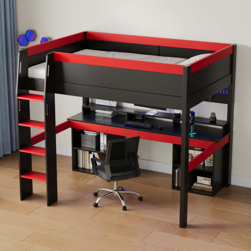 Lit mezzanine avec lumières DEL multicolores, panneau perforé suspendu et rangement de bureau de jeu intégré, Black+Red