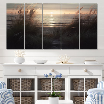 «Ocean Summer Bliss Sunset Beach Grass Waving» - Art mural sur toile de plage - 5 panneaux égaux