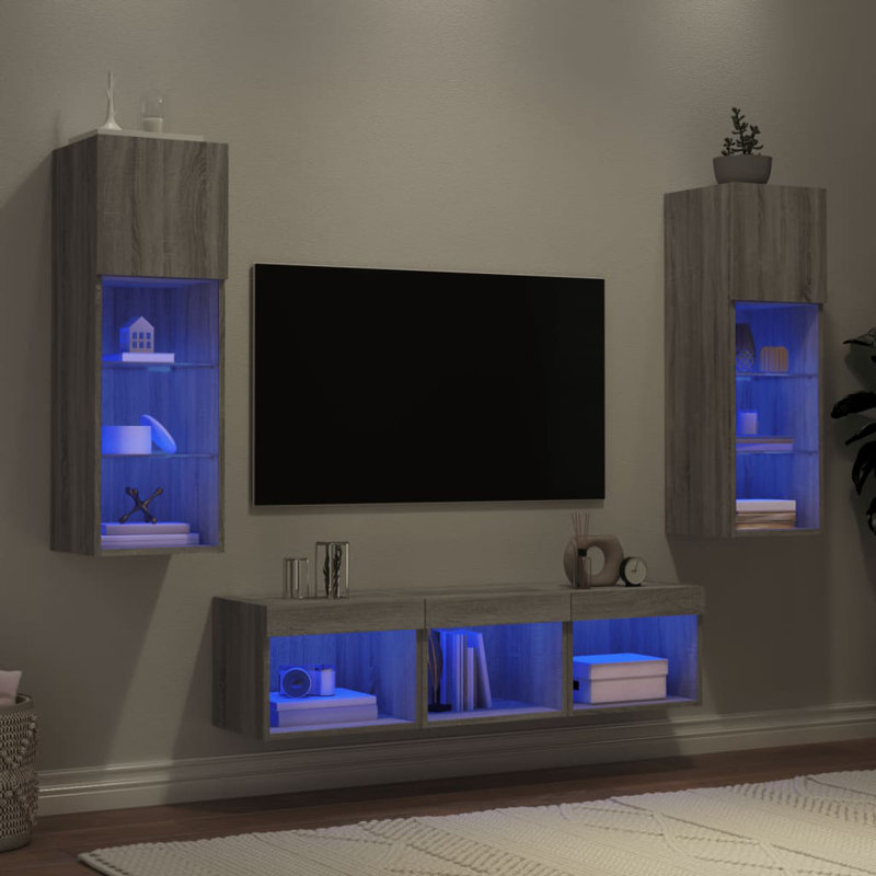  5 Piece TV Wall Units With LED Engineered Wood, Grey Sonoma
