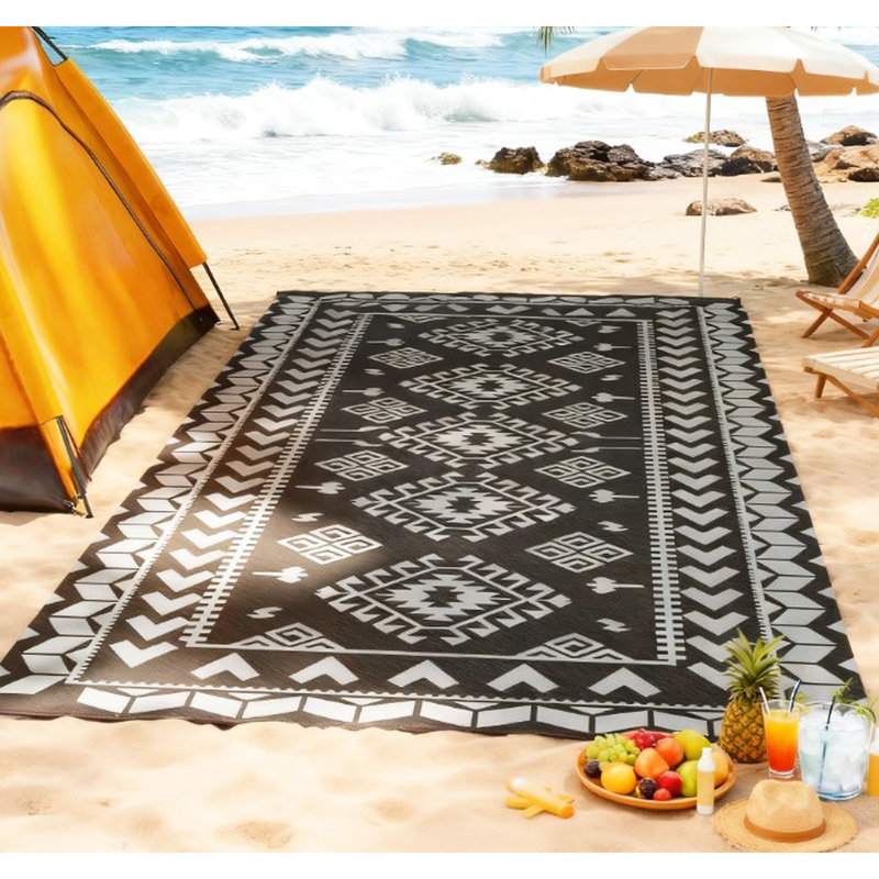 Tapis d'extérieur réversible pour terrasse, camping et balcon, en polypropylène, 2,74 m x 5,49 m, noir et gris, motif losanges. Parfait pour une terrasse, un VR, un pique-nique et un jardin.