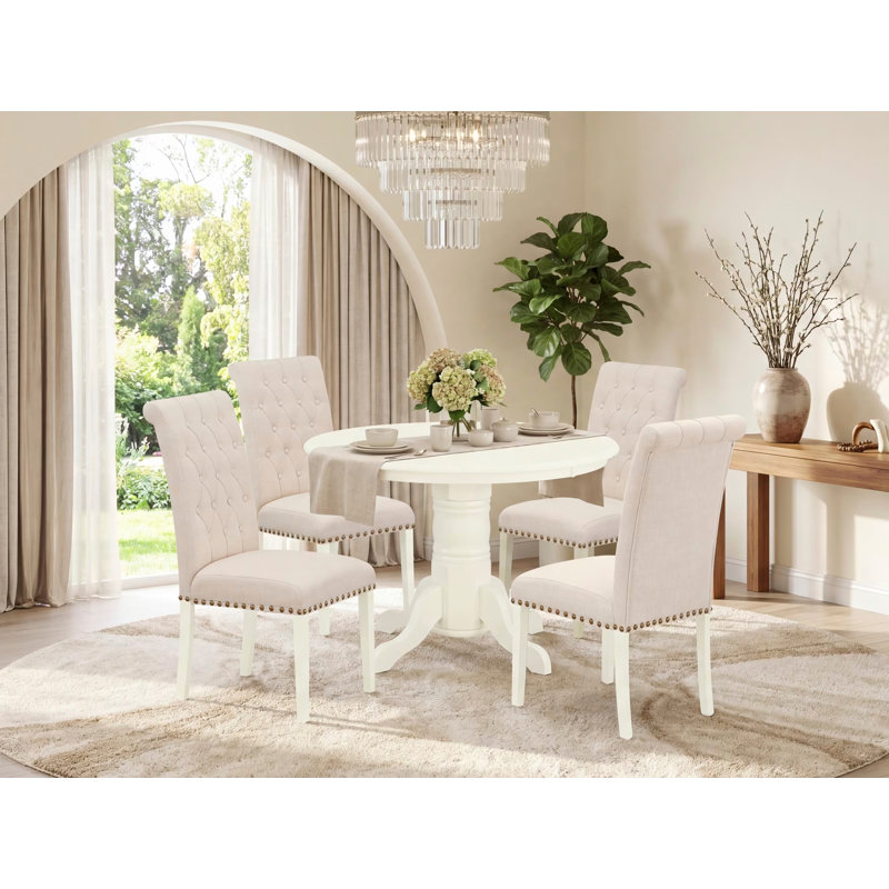 Ensemble de table de salle à manger 5 pièces comprenant une table de cuisine ronde avec piédestal et 4 chaises de salle à manger Parson en tissu beige clair, 42 po x 42 po, lin blanc