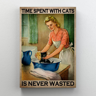 «Girl Bathing Cat - Time With Cats Is Never W gaste», toile tendue avec châssis - Illustration animalière, décor de salon bleu et orange