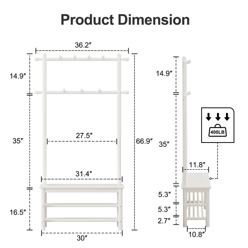 Solid Wood Hall Tree with Bench and Shoe Storage, Entryway Organizer with 11 Hooks and Two-Tier Shoe Rack for Mudroom or Hallway