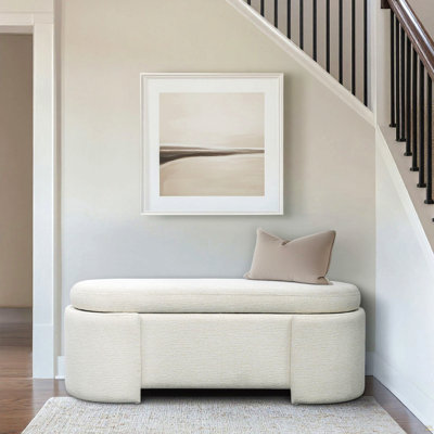 Fully Upholstered Oval Storage Bench With Soft-Close Lid, Ivory