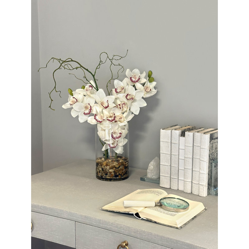 Orchid Arrangement in Glass Vase with Rocks, White