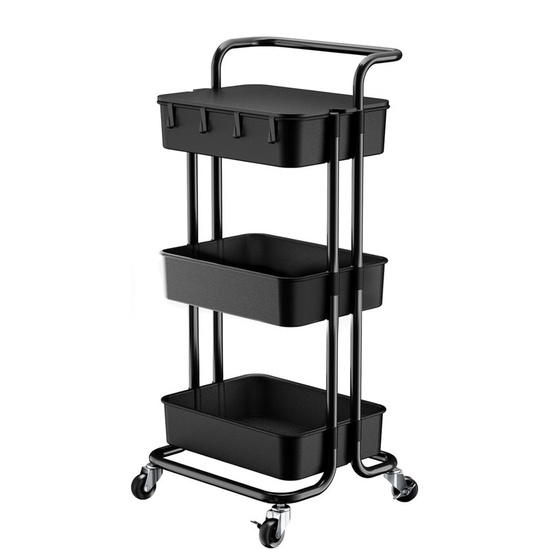 Black 3-Tier Metal Rolling Utility Cart with Casters